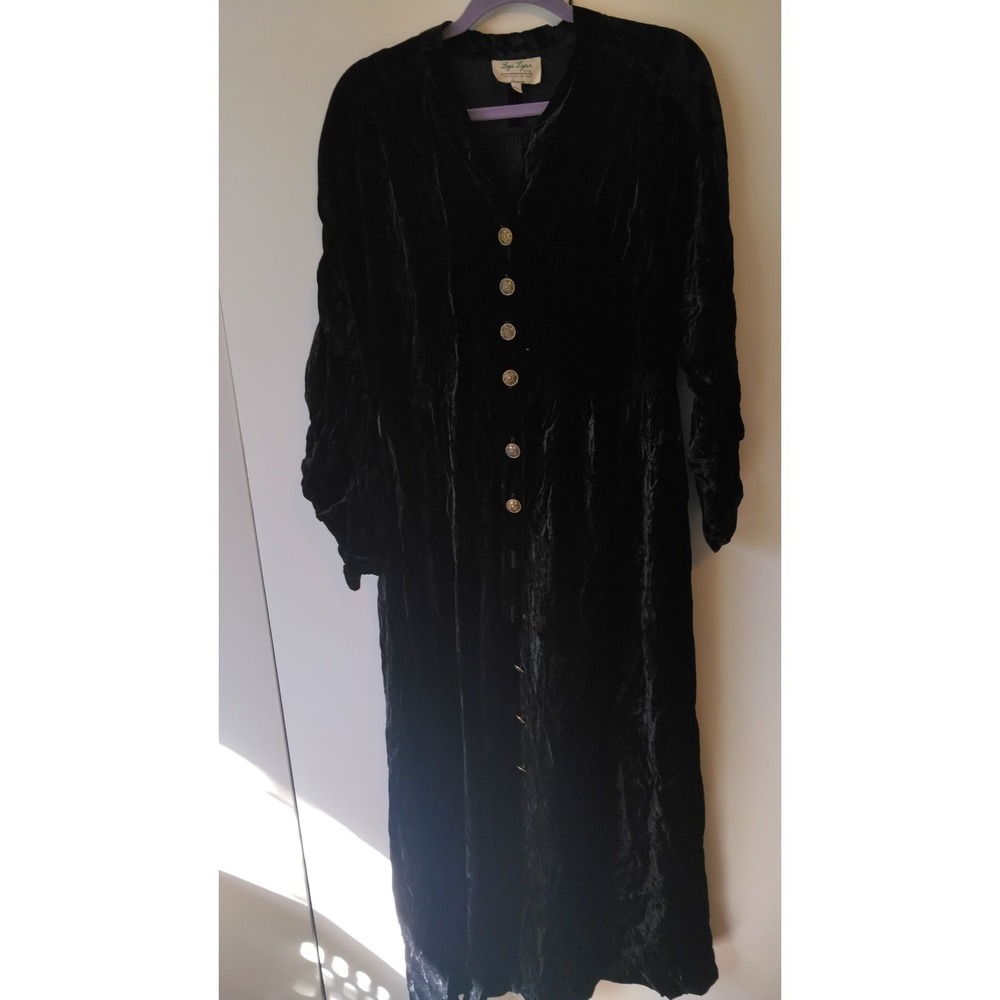 Vtg Womens Crushed Velvet Maxi Dress Button Front‎ L Black Goth Witchy Victorian